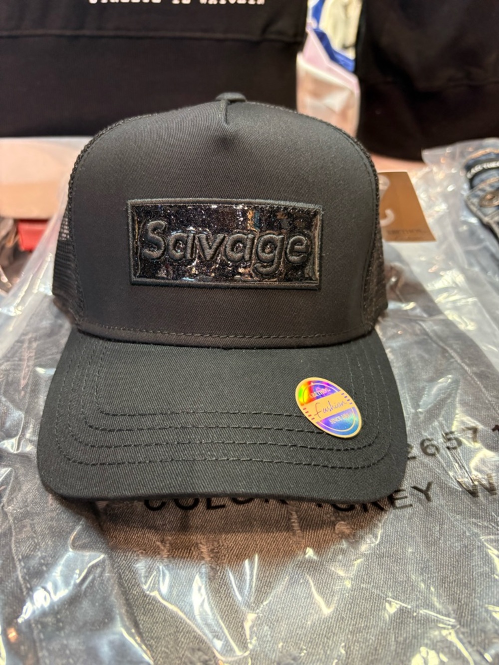 Salvage Black Trucker Hat with Sequined Logo Patch